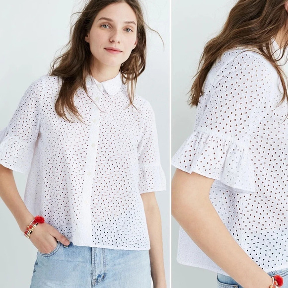 Madewell Tops - Madewell Eyelet Bell-Sleeve Shirt White Sz XS